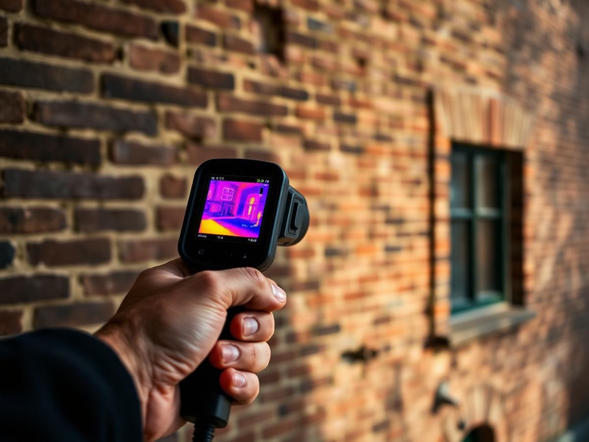 Warmtecamera-opname van een oude bakstenen gevel